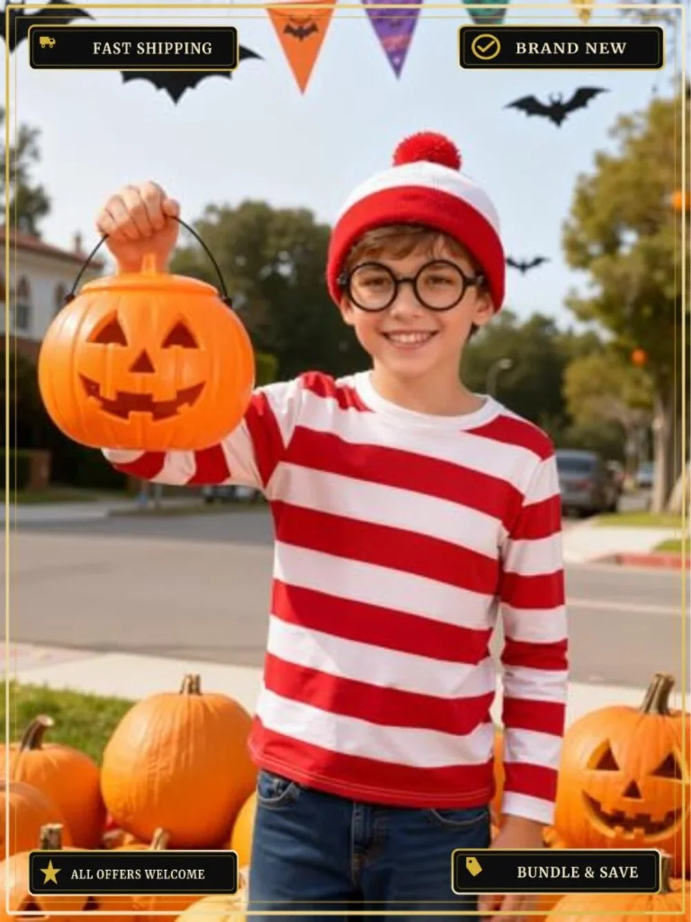 Kids Halloween Costume Set Striped T-Shirt Beanie Nerd Glasses 10-12Y